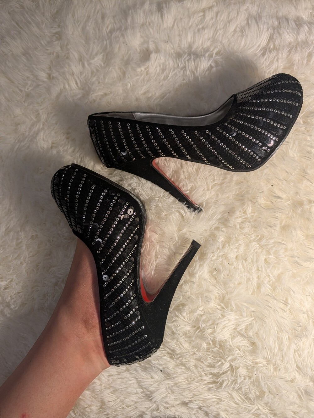 Micheal & Bordeaux Paris Sequin High Heel Pumps with Red and Black Suede/Velour